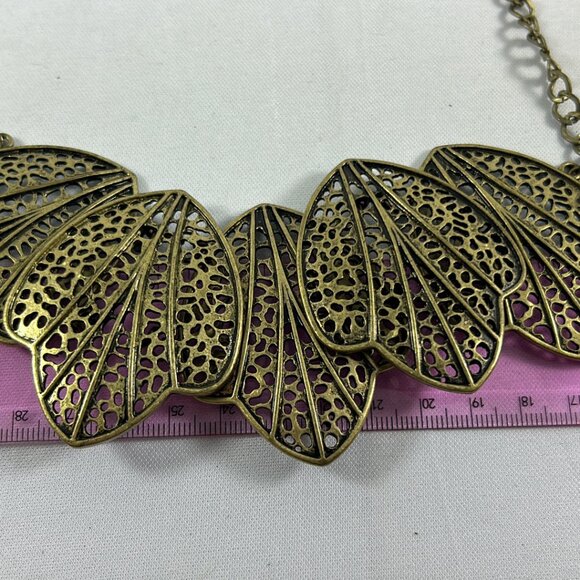 Gold Brass Tone Open Leaf Bib Necklace Statement Metal Unique Adjustable 17-19" - Picture 7 of 8